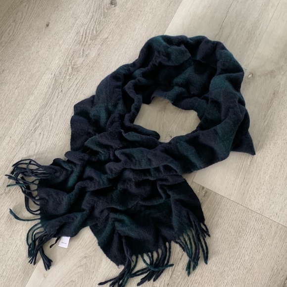 TALBOTS TARTAN 100% CASHMERE SCARF green navy fringe crushed ruched - Picture 3 of 10